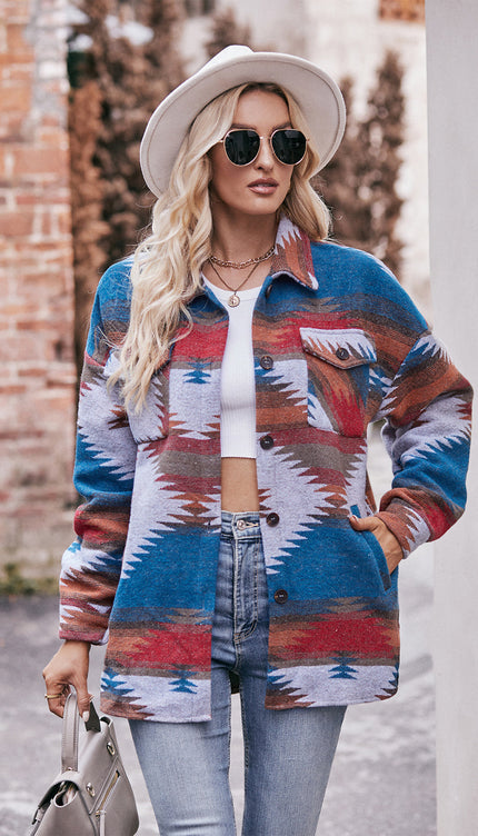 Modish Geometric Jacket with Pockets - Dark Blue / S
