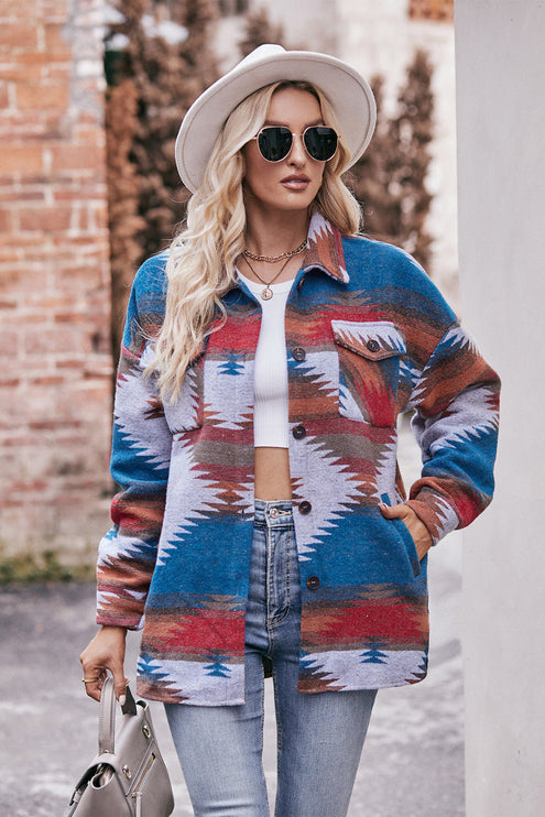 Modish Geometric Jacket with Pockets - Dark Blue / S