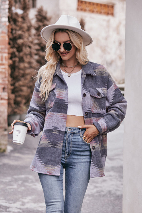 Modish Geometric Jacket with Pockets - Pink Purple / S