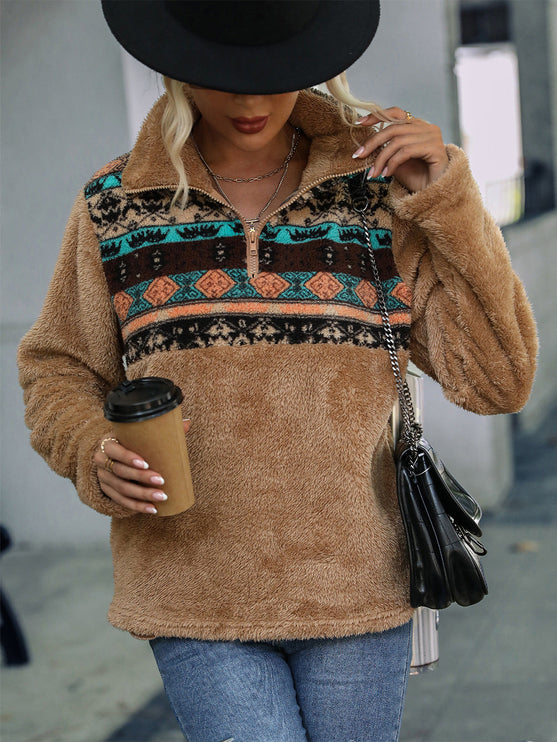 Modish Geometric Quarter-Zip Sweatshirt - Brown / S