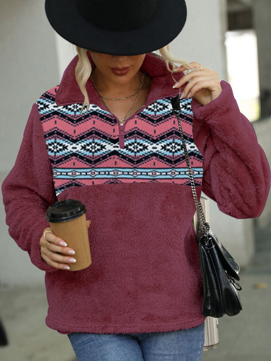 Modish Geometric Quarter-Zip Sweatshirt - Deep Purple / S