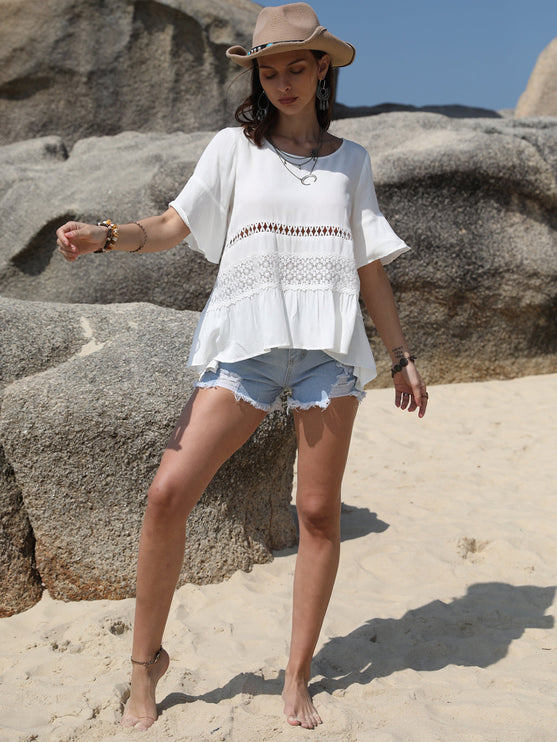 Modish Lace Detail Round Neck Half Sleeve Blouse - Modish