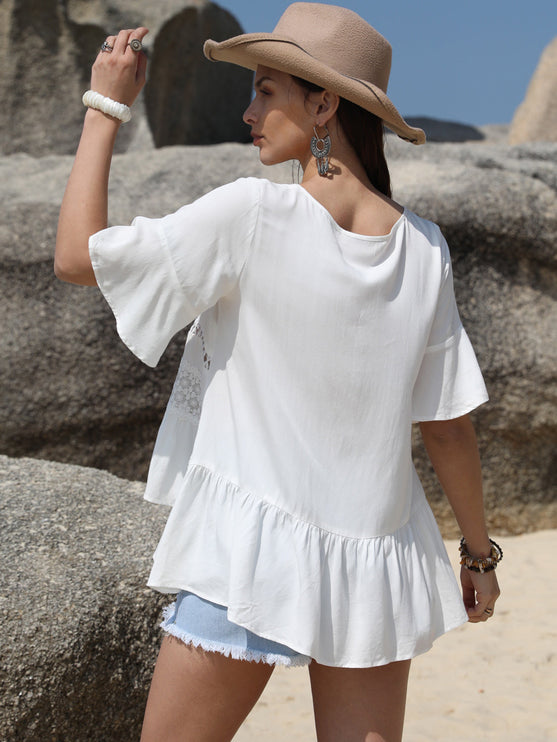 Modish Lace Detail Round Neck Half Sleeve Blouse - Modish
