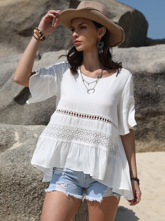 Modish Lace Detail Round Neck Half Sleeve Blouse - White / S - Modish