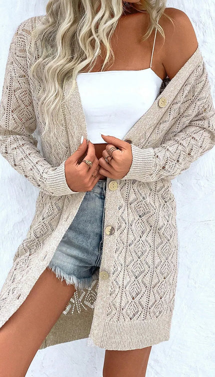 Modish Openwork Button Down Long Sleeve Cardigan - Modish