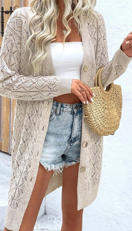 Modish Openwork Button Down Long Sleeve Cardigan - Dust Storm / S - Modish