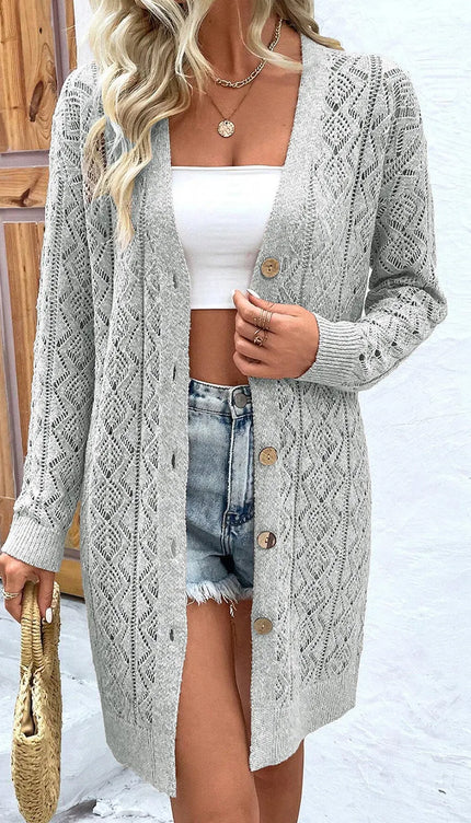Modish Openwork Button Down Long Sleeve Cardigan - Gray / S - Modish
