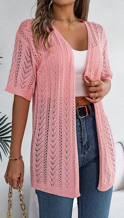 Modish Openwork Half Sleeve Cardigan - Burnt Coral / S - Modish