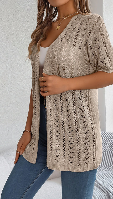 Modish Openwork Half Sleeve Cardigan - Tan / S - Modish