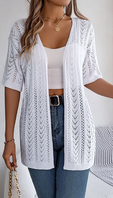 Modish Openwork Half Sleeve Cardigan - White / S - Modish