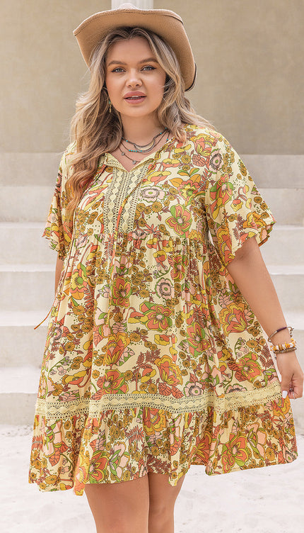 Modish Plus Size Print Mini Dress - Apricot / 0XL - modish rustic