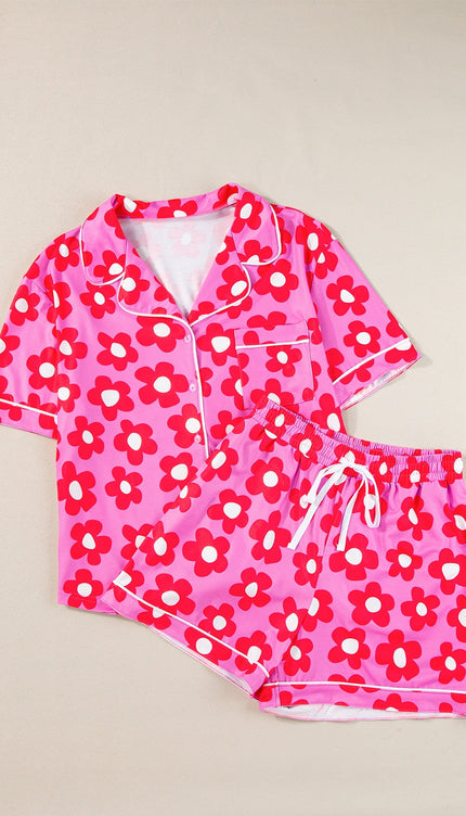 Modish Pocketed Flower Top and Shorts Lounge Set - Hot Pink / S