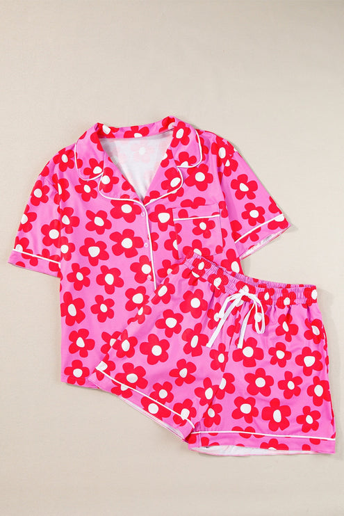 Modish Pocketed Flower Top and Shorts Lounge Set - Hot Pink / S