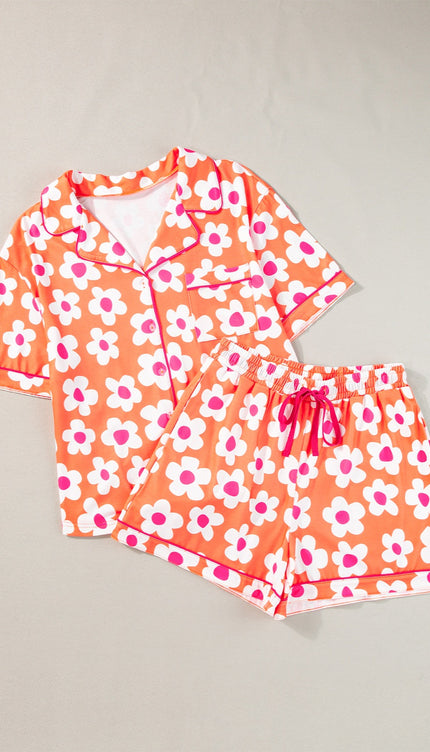 Modish Pocketed Flower Top and Shorts Lounge Set - Orange / S