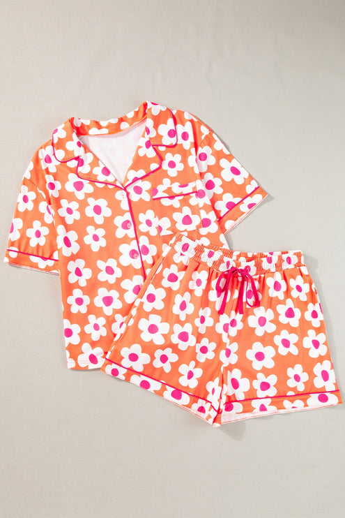 Modish Pocketed Flower Top and Shorts Lounge Set - Orange / S