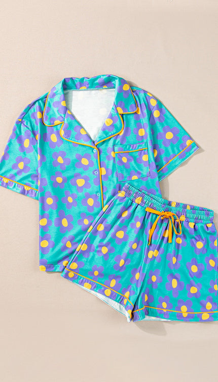 Modish Pocketed Flower Top and Shorts Lounge Set - Sky Blue / S