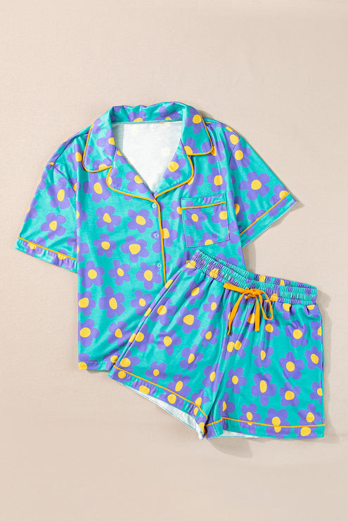 Modish Pocketed Flower Top and Shorts Lounge Set - Sky Blue / S