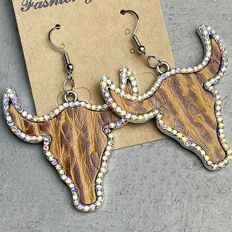 Modish Rhinestone Trim Alloy Bull Earrings - Caramel / One Size - Modish
