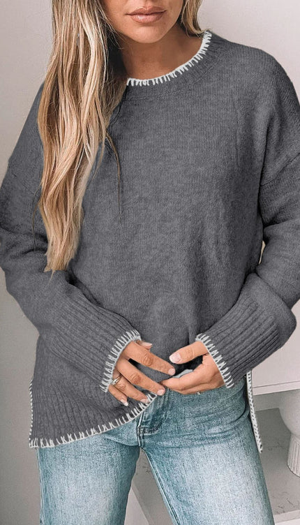 Modish Round Neck Long Sleeve Sweater - Dark Gray / M - Modish