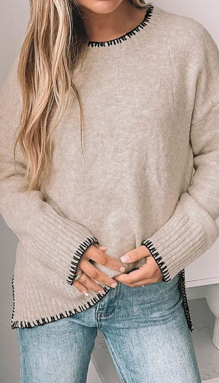 Modish Round Neck Long Sleeve Sweater - Khaki / S - Modish