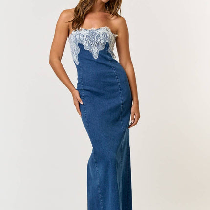 Modish Rustic Chic Denim Lace Tube Maxi Dress