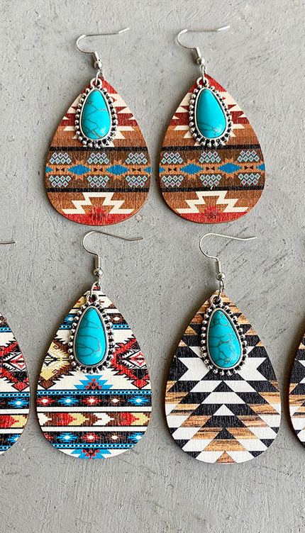 Modish Rustic Chic Turquoise Teardrop Wooden Earrings - Modish