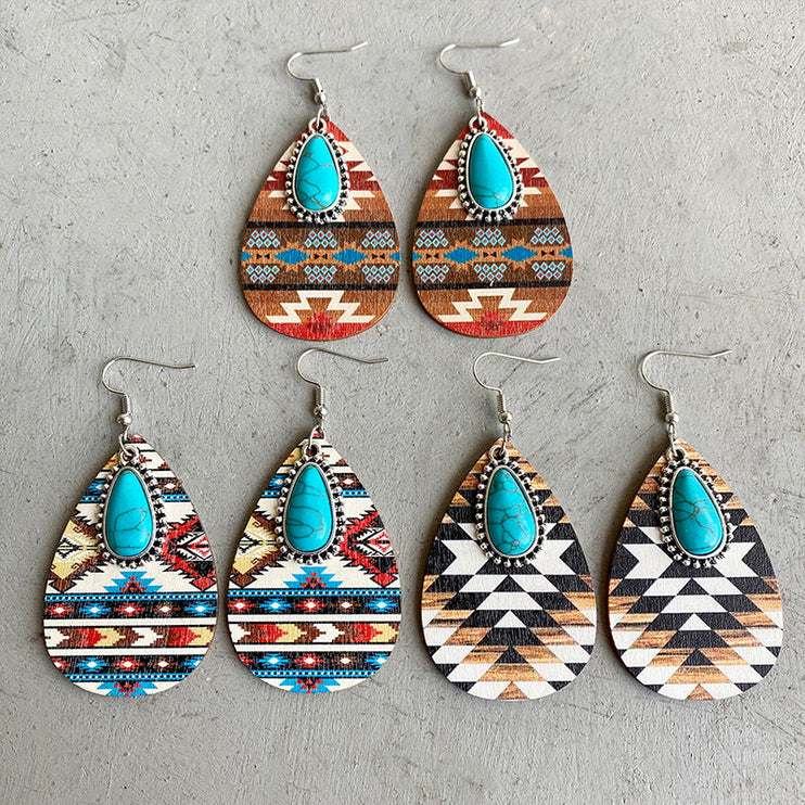 Modish Rustic Chic Turquoise Teardrop Wooden Earrings - Modish