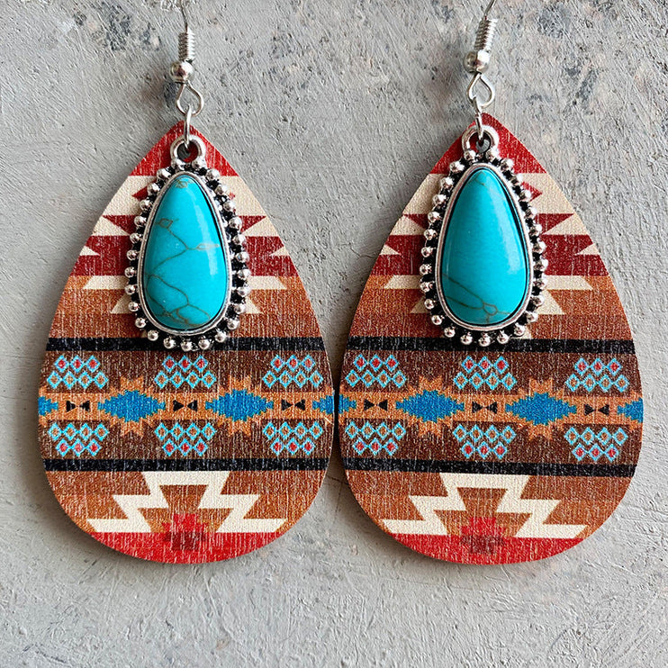 Modish Rustic Chic Turquoise Teardrop Wooden Earrings - Style A / One Size - Modish