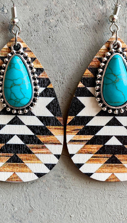 Modish Rustic Chic Turquoise Teardrop Wooden Earrings - Style B / One Size - Modish