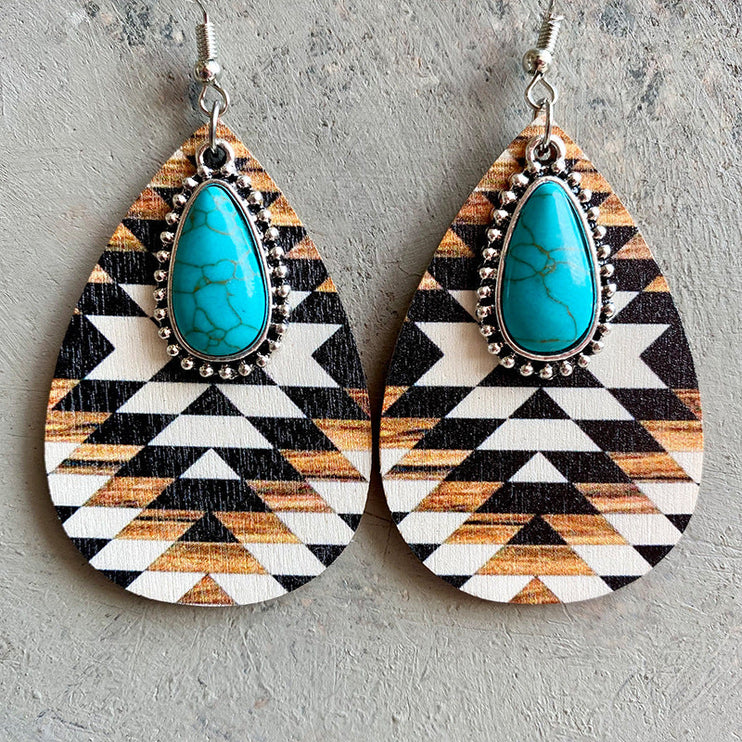 Modish Rustic Chic Turquoise Teardrop Wooden Earrings - Style B / One Size - Modish
