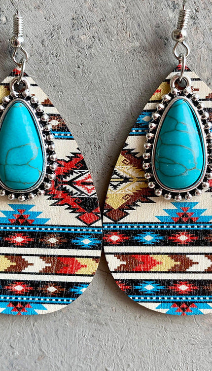 Modish Rustic Chic Turquoise Teardrop Wooden Earrings - Style C / One Size - Modish