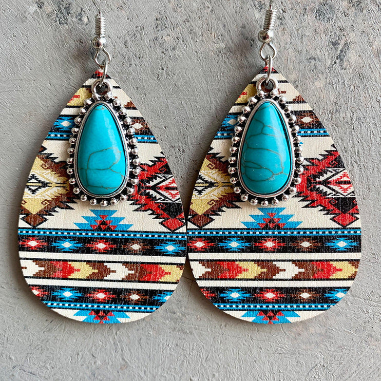 Modish Rustic Chic Turquoise Teardrop Wooden Earrings - Style C / One Size - Modish