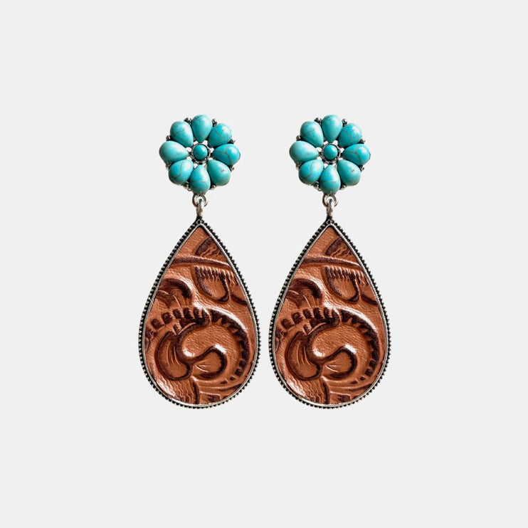 Modish Turquoise Flower Teardrop Earrings - Brown / One Size - Modish