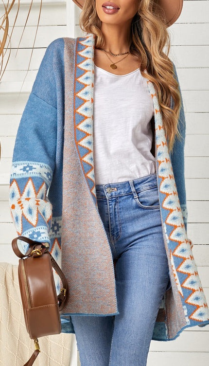 Open Front Long Sleeve Cardigan - Blue / S