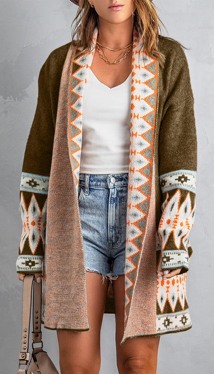 Open Front Long Sleeve Cardigan - Brown / S