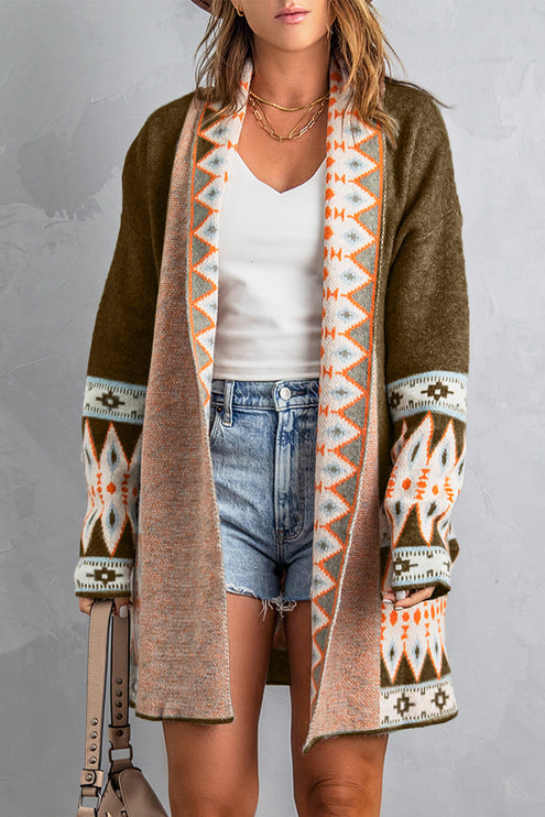 Open Front Long Sleeve Cardigan - Brown / S