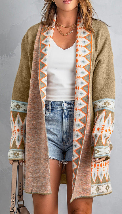 Open Front Long Sleeve Cardigan - Khaki / S