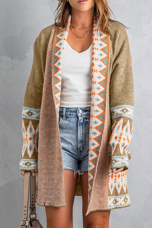Open Front Long Sleeve Cardigan - Khaki / S