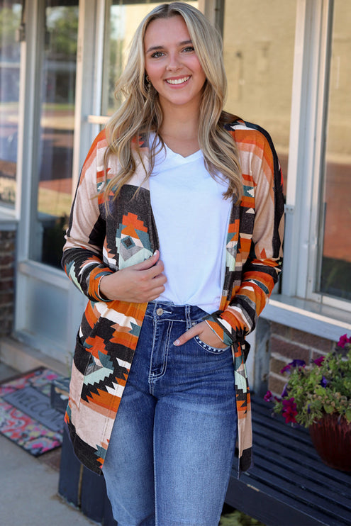 Open Front Long Sleeve Cardigan with Pockets - Multicolor / S