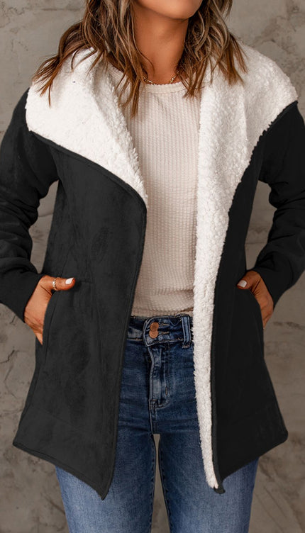 Open Front Long Sleeve Sherpa Jacket - Black / S