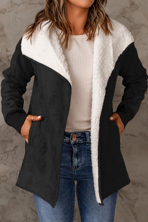 Open Front Long Sleeve Sherpa Jacket - Black / S