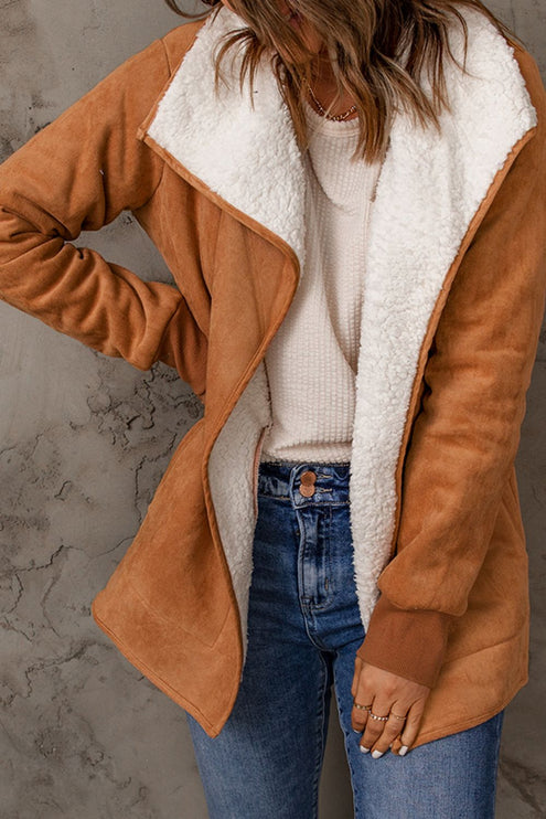 Open Front Long Sleeve Sherpa Jacket - Caramel / S