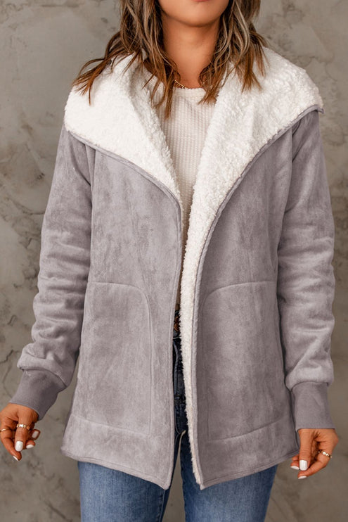 Open Front Long Sleeve Sherpa Jacket - Gray / S