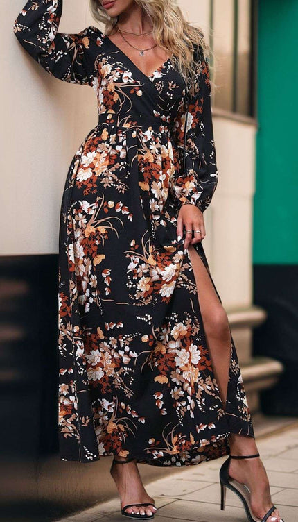 Perfee Slit Printed Surplice Long Sleeve Maxi Dress - Black / S