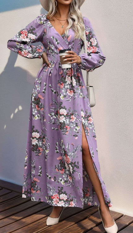 Perfee Slit Printed Surplice Long Sleeve Maxi Dress - Lavender / S