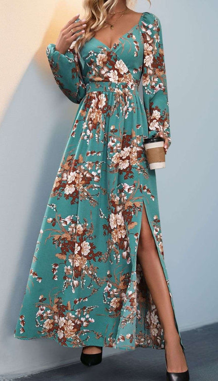 Perfee Slit Printed Surplice Long Sleeve Maxi Dress - Turquoise / S