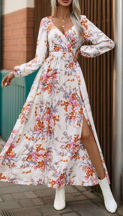Perfee Slit Printed Surplice Long Sleeve Maxi Dress - White / S