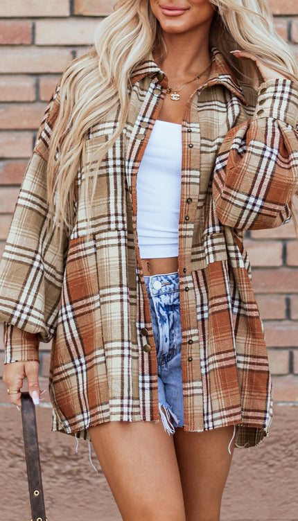 Plaid Snap Down Dropped Shoulder Shacket - Plaid / S