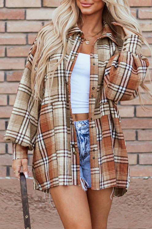 Plaid Snap Down Dropped Shoulder Shacket - Plaid / S