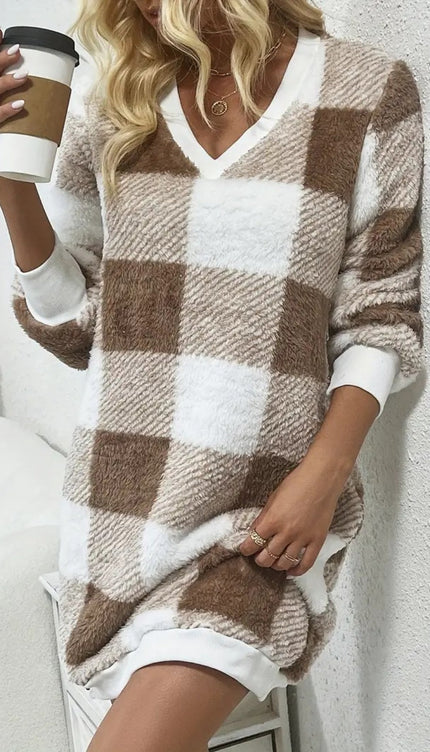 Plaid V-Neck Long Sleeve Dress - Taupe / S